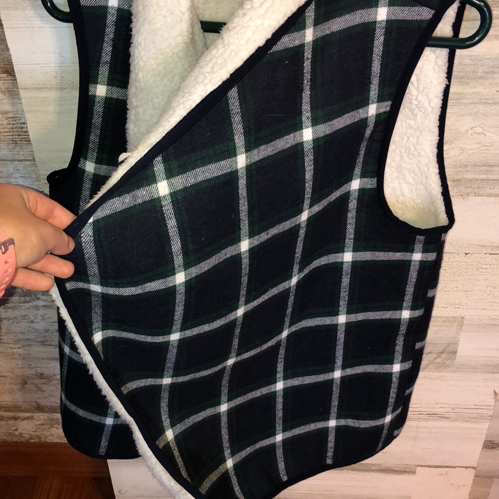 MudPie flannel green and blue print fleece Vest size One Size flannel print vest - Picture 5 of 6